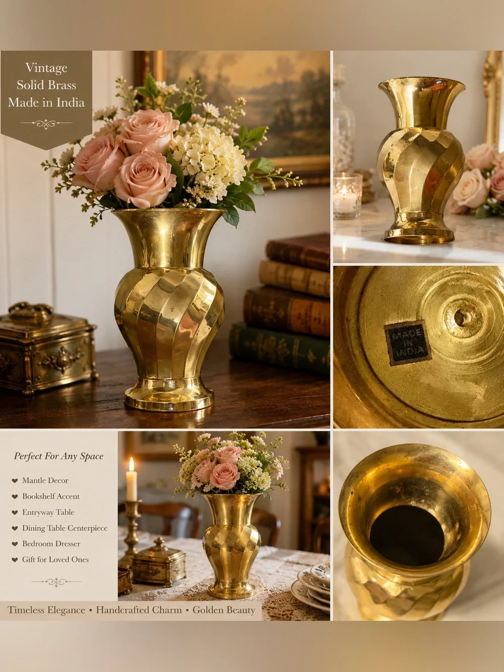 Vintage Solid Brass Faceted Vase Made in India | Hollywood Regency Brass Vase